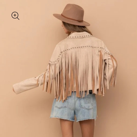 Blue B Collection Faux Suede Fringe Studded Cropped Jacket, Size Medium - Picture 3 of 13
